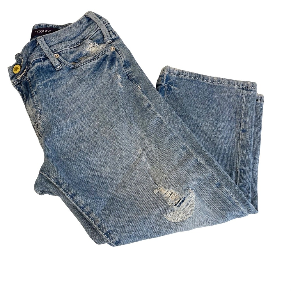 Vigoss Distressed Union Jack Pocket Crop Jeans Light Wash Blue Sz 7 Low Rise Y2K